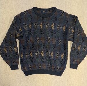 Men's Vintage Crewneck Sweater with Geometric Design Blue and Brown. Size Medium
